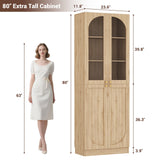 80'' Tall Pantry Cabinet with Glass Doors & Shelves, Arched Farmhouse Storage Cabinet for Kitchen, Living Room & Bathroom