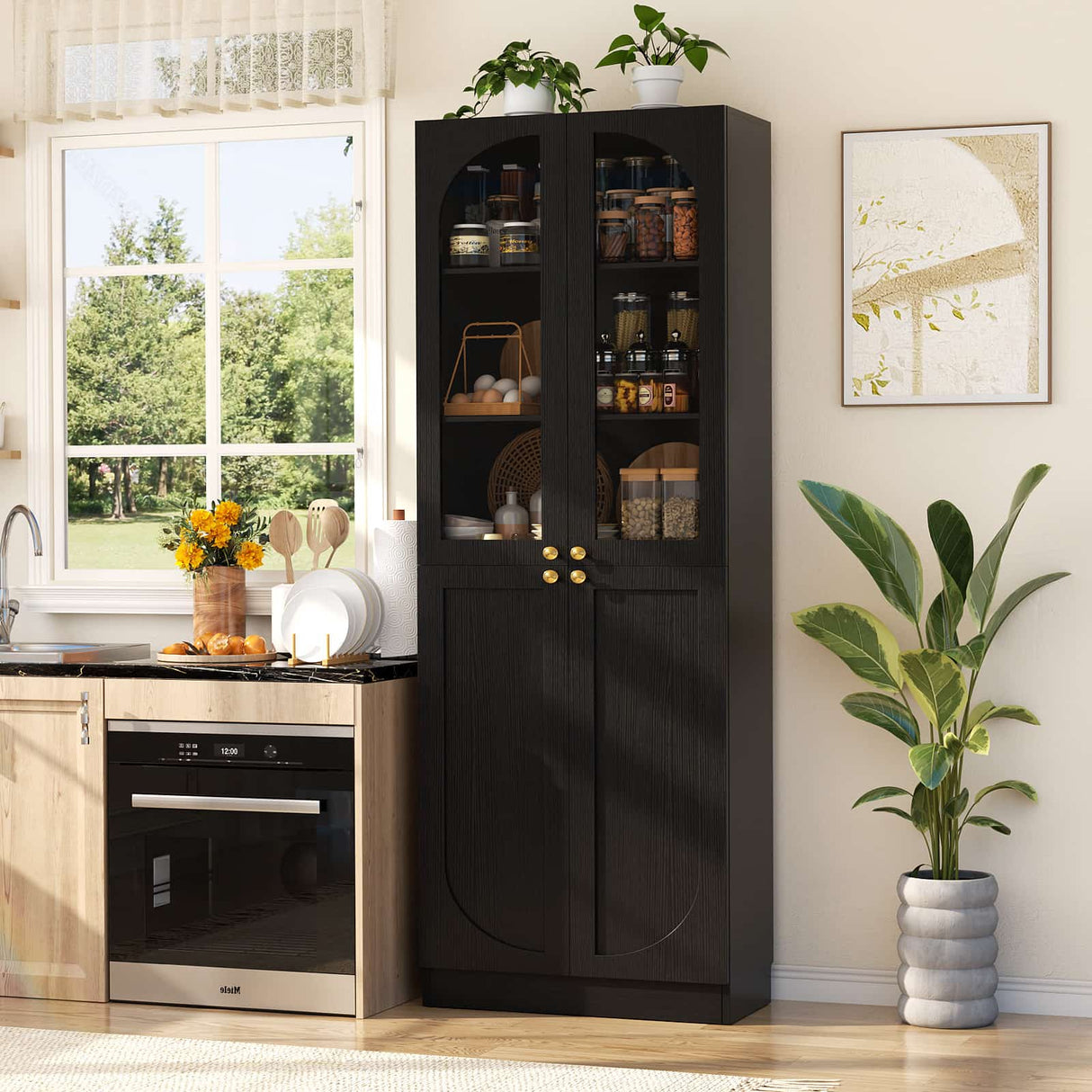 80'' Tall Pantry Cabinet with Glass Doors & Shelves, Arched Farmhouse Storage Cabinet for Kitchen, Living Room & Bathroom