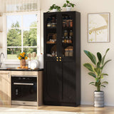 80'' Tall Pantry Cabinet with Glass Doors & Shelves, Arched Farmhouse Storage Cabinet for Kitchen, Living Room & Bathroom