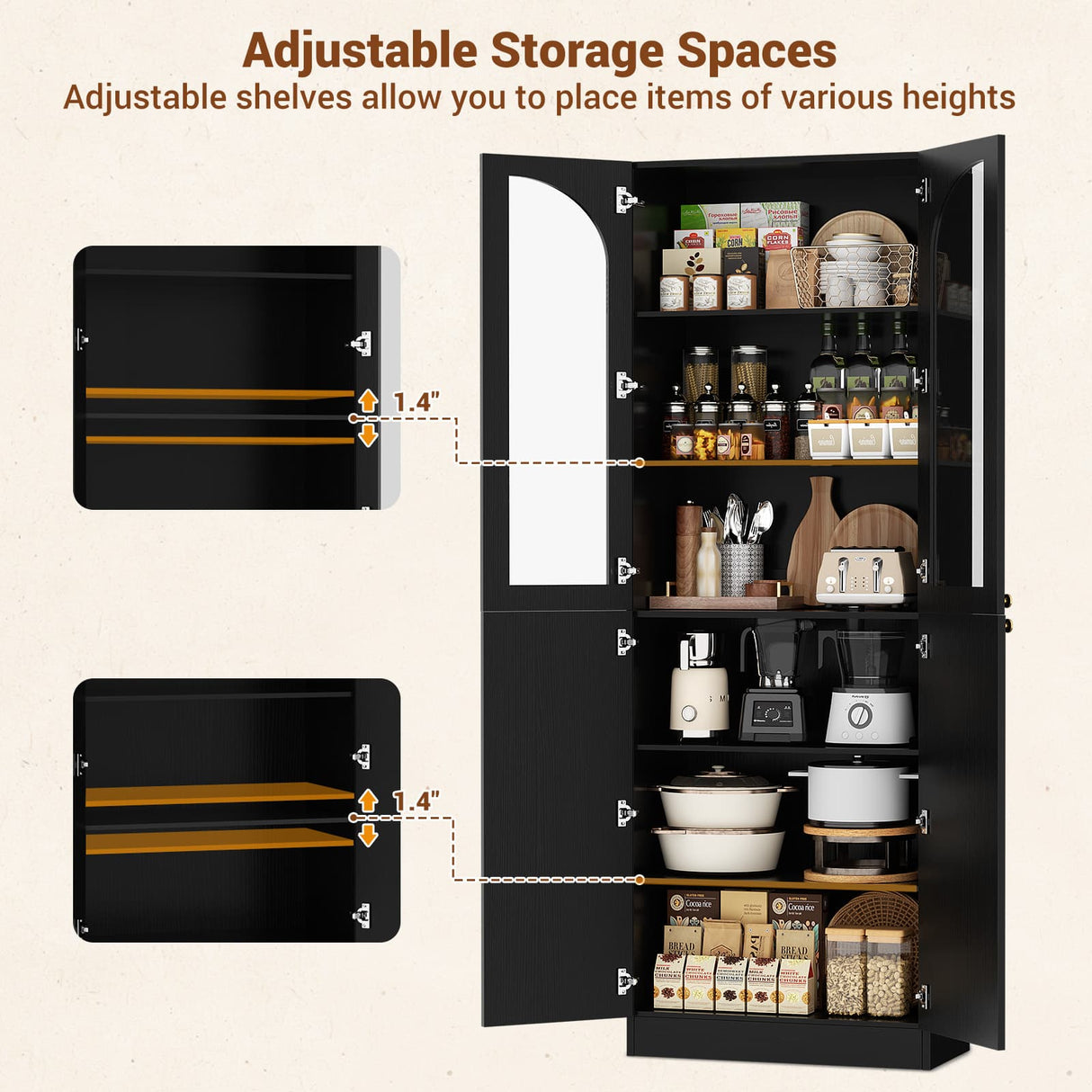 80'' Tall Pantry Cabinet with Glass Doors & Shelves, Arched Farmhouse Storage Cabinet for Kitchen, Living Room & Bathroom