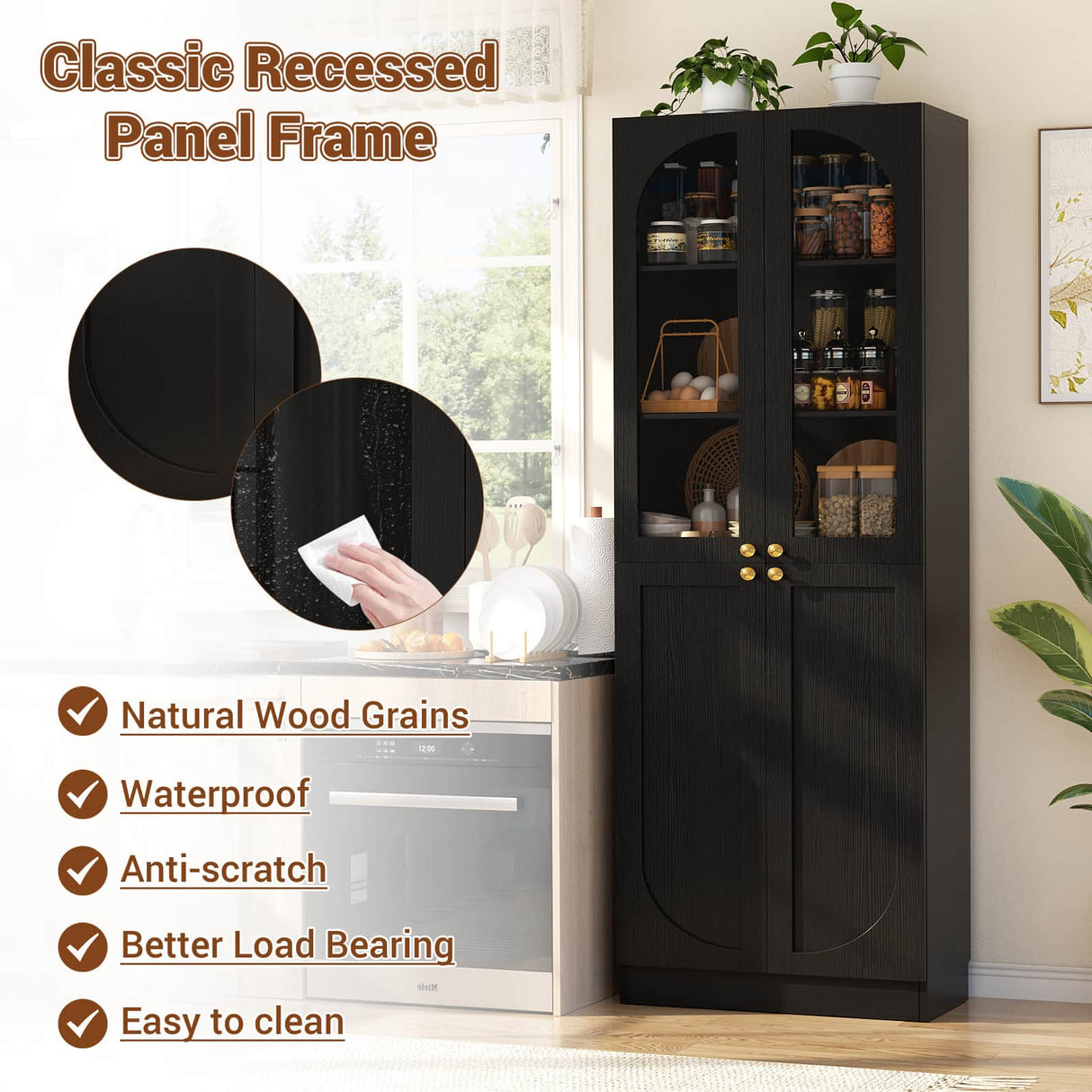 80'' Tall Pantry Cabinet with Glass Doors & Shelves, Arched Farmhouse Storage Cabinet for Kitchen, Living Room & Bathroom