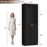 80'' Tall Pantry Cabinet with Glass Doors & Shelves, Arched Farmhouse Storage Cabinet for Kitchen, Living Room & Bathroom