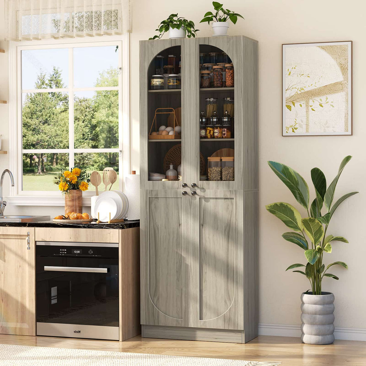 80'' Tall Pantry Cabinet with Glass Doors & Shelves, Arched Farmhouse Storage Cabinet for Kitchen, Living Room & Bathroom