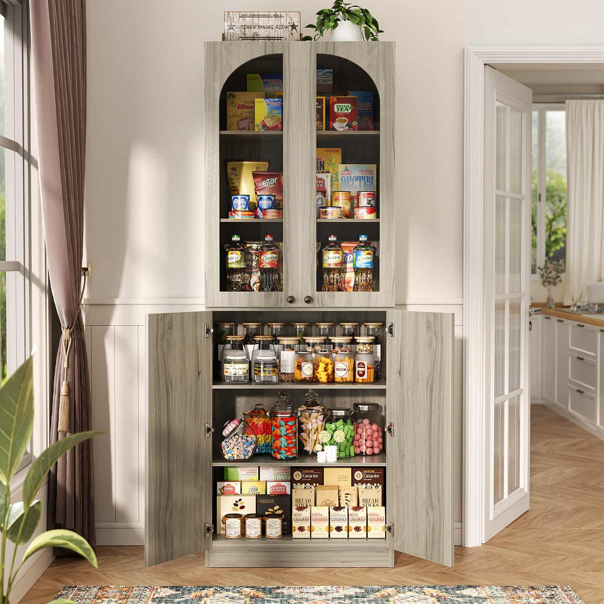 80'' Tall Pantry Cabinet with Glass Doors & Shelves, Arched Farmhouse Storage Cabinet for Kitchen, Living Room & Bathroom