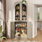 80'' Tall Pantry Cabinet with Glass Doors & Shelves, Arched Farmhouse Storage Cabinet for Kitchen, Living Room & Bathroom