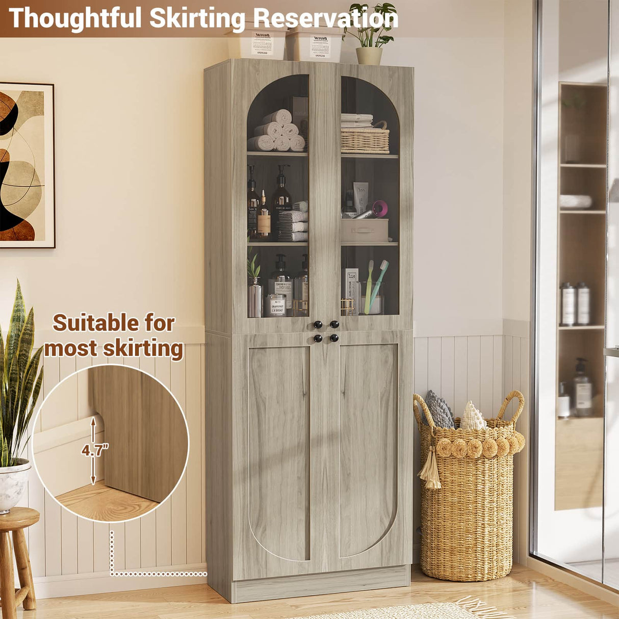 80'' Tall Pantry Cabinet with Glass Doors & Shelves, Arched Farmhouse Storage Cabinet for Kitchen, Living Room & Bathroom