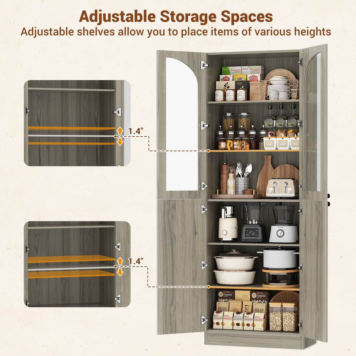 80'' Tall Pantry Cabinet with Glass Doors & Shelves, Arched Farmhouse Storage Cabinet for Kitchen, Living Room & Bathroom