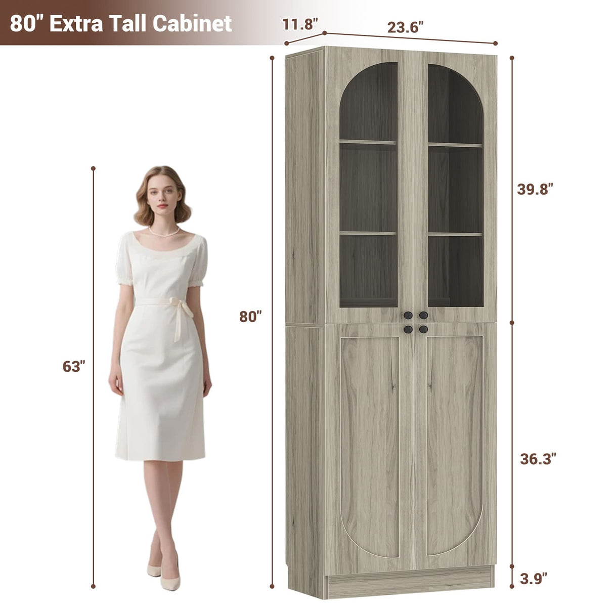 80'' Tall Pantry Cabinet with Glass Doors & Shelves, Arched Farmhouse Storage Cabinet for Kitchen, Living Room & Bathroom
