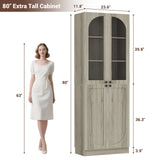 80'' Tall Pantry Cabinet with Glass Doors & Shelves, Arched Farmhouse Storage Cabinet for Kitchen, Living Room & Bathroom