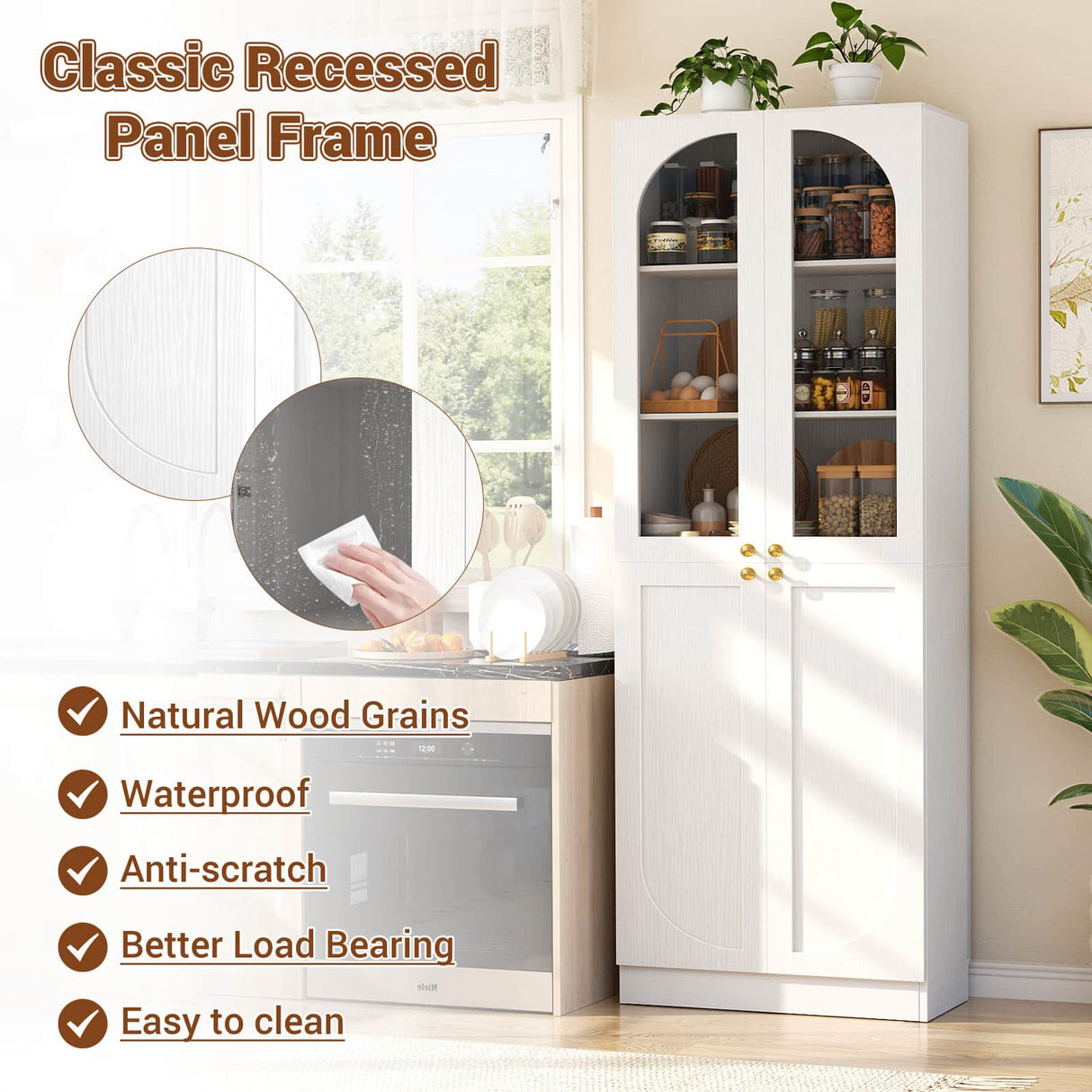 80'' Tall Pantry Cabinet with Glass Doors & Shelves, Arched Farmhouse Storage Cabinet for Kitchen, Living Room & Bathroom