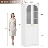 80'' Tall Pantry Cabinet with Glass Doors & Shelves, Arched Farmhouse Storage Cabinet for Kitchen, Living Room & Bathroom