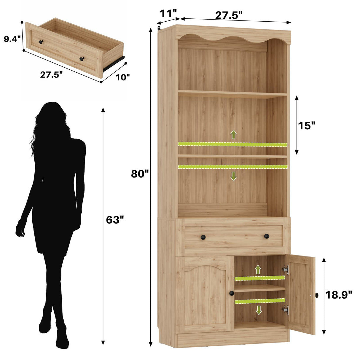 80'' Tall Bookcase with Drawer, Cabinet, and 3-Tier Open Shelves
