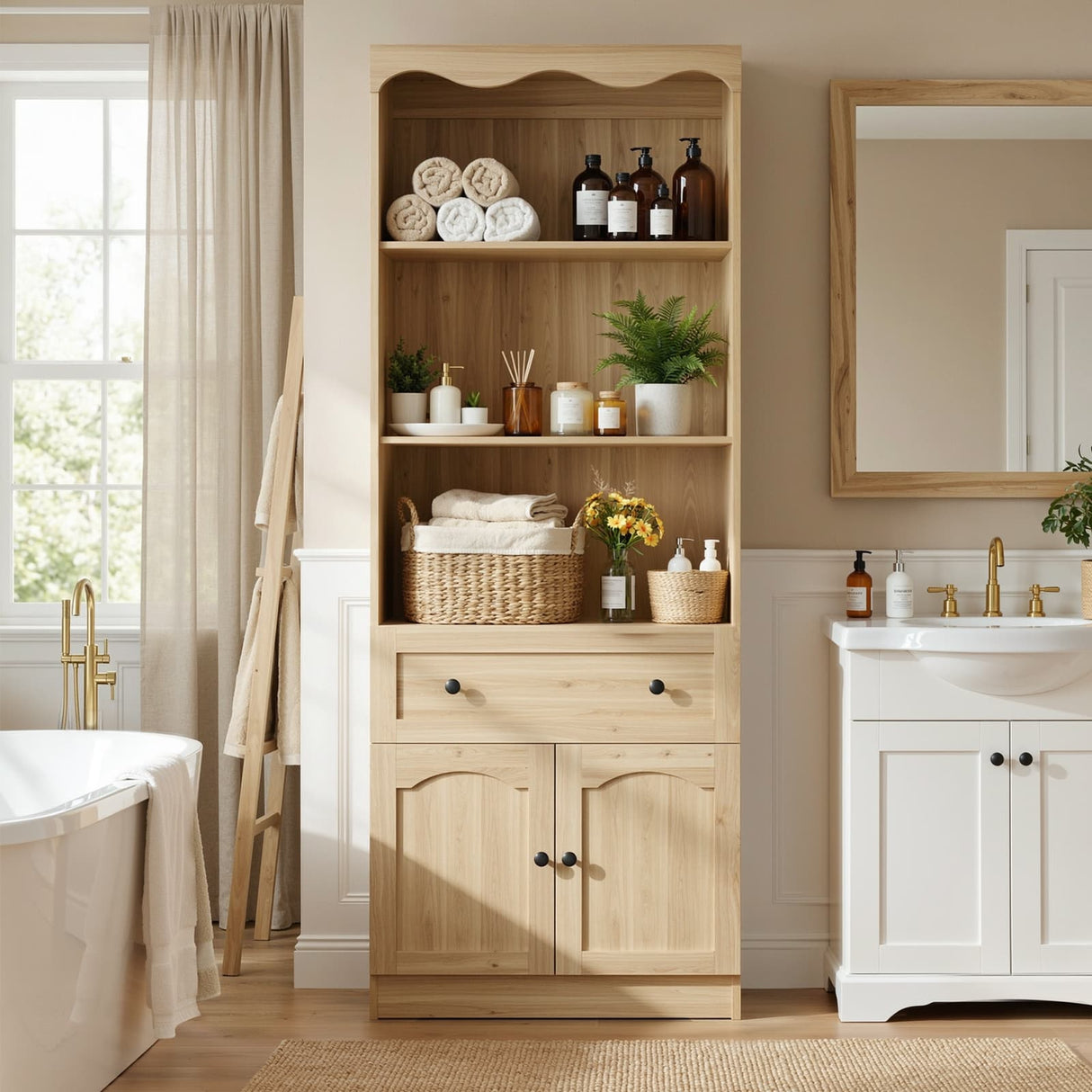 80'' Tall Bookcase with Drawer, Cabinet, and 3-Tier Open Shelves