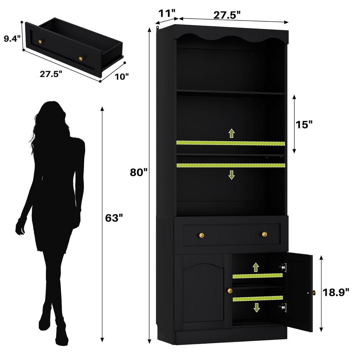 80'' Tall Bookcase with Drawer, Cabinet, and 3-Tier Open Shelves