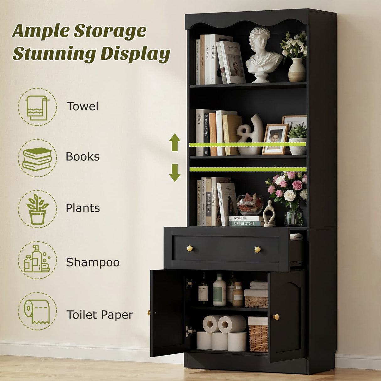 80'' Tall Bookcase with Drawer, Cabinet, and 3-Tier Open Shelves