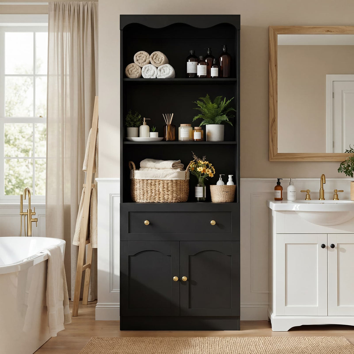 80'' Tall Bookcase with Drawer, Cabinet, and 3-Tier Open Shelves