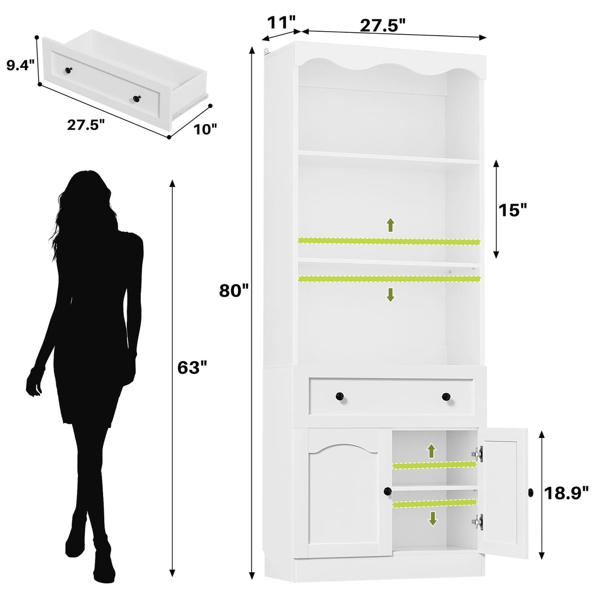 80'' Tall Bookcase with Drawer, Cabinet, and 3-Tier Open Shelves