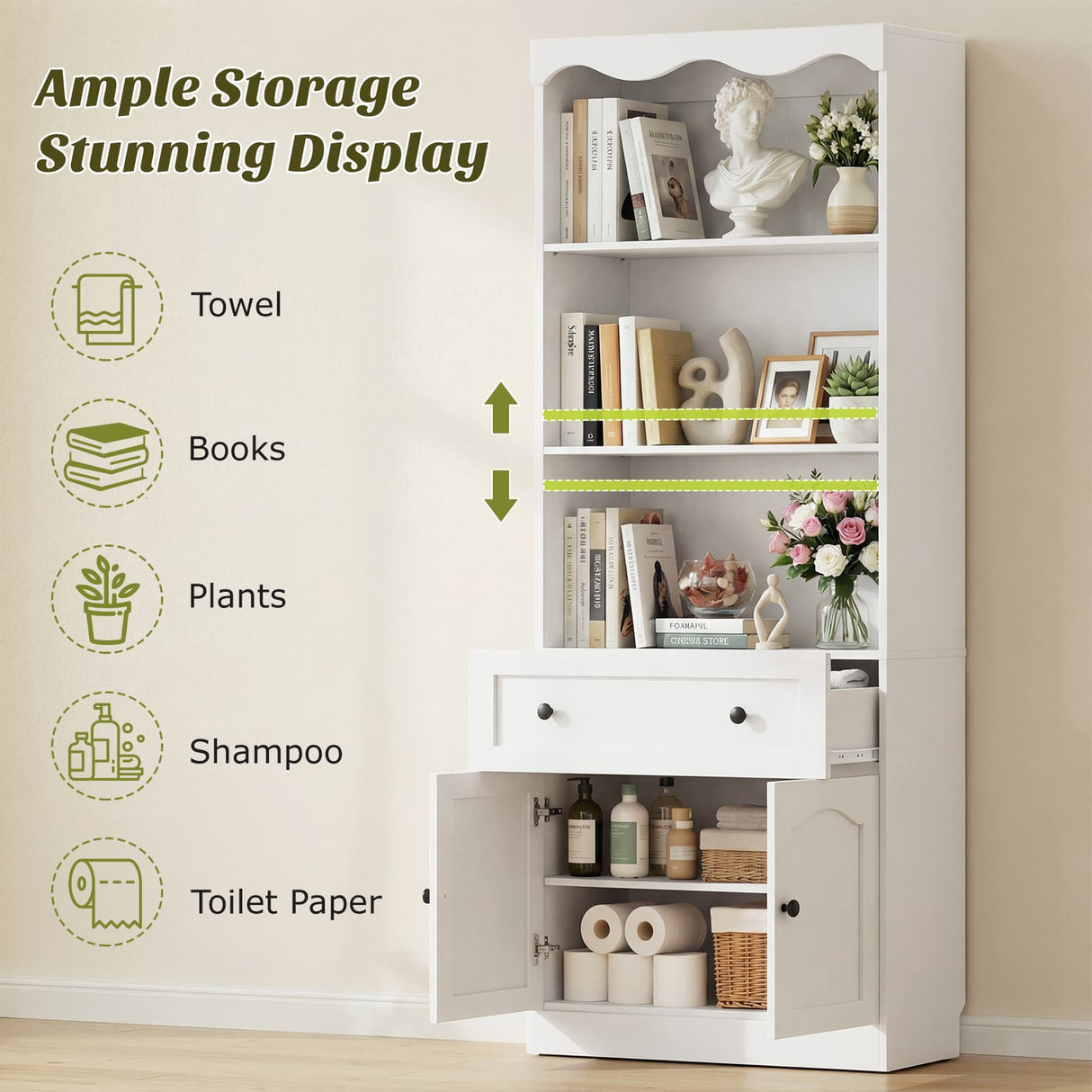 80'' Tall Bookcase with Drawer, Cabinet, and 3-Tier Open Shelves