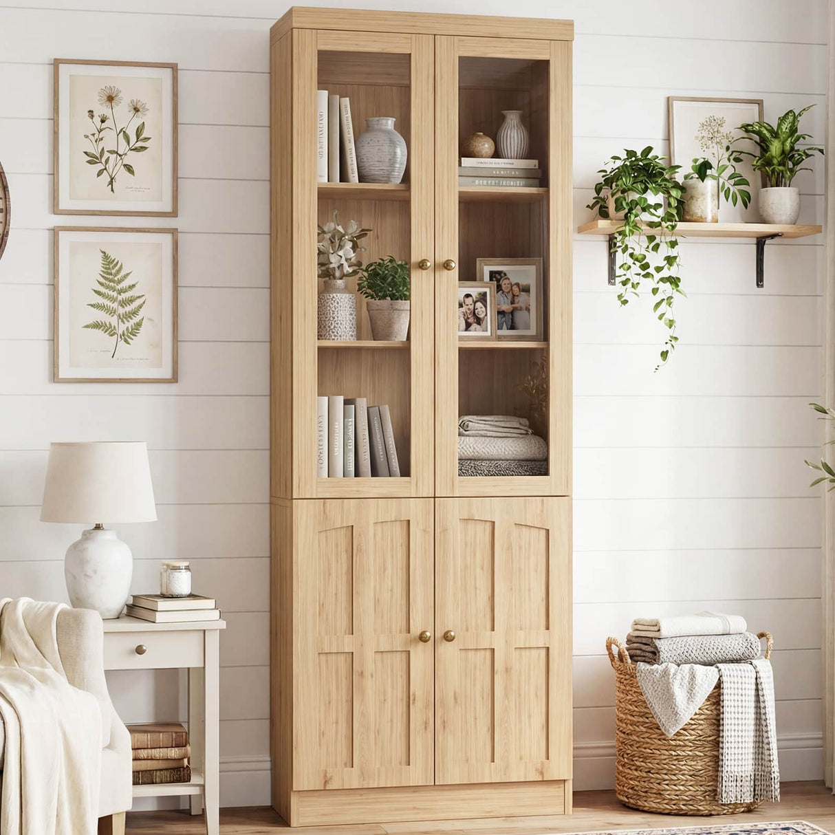 80" Bookshelf with Glass Doors and Thickened Top Panel, Farmhouse Bookcase with Adjustable Shelves