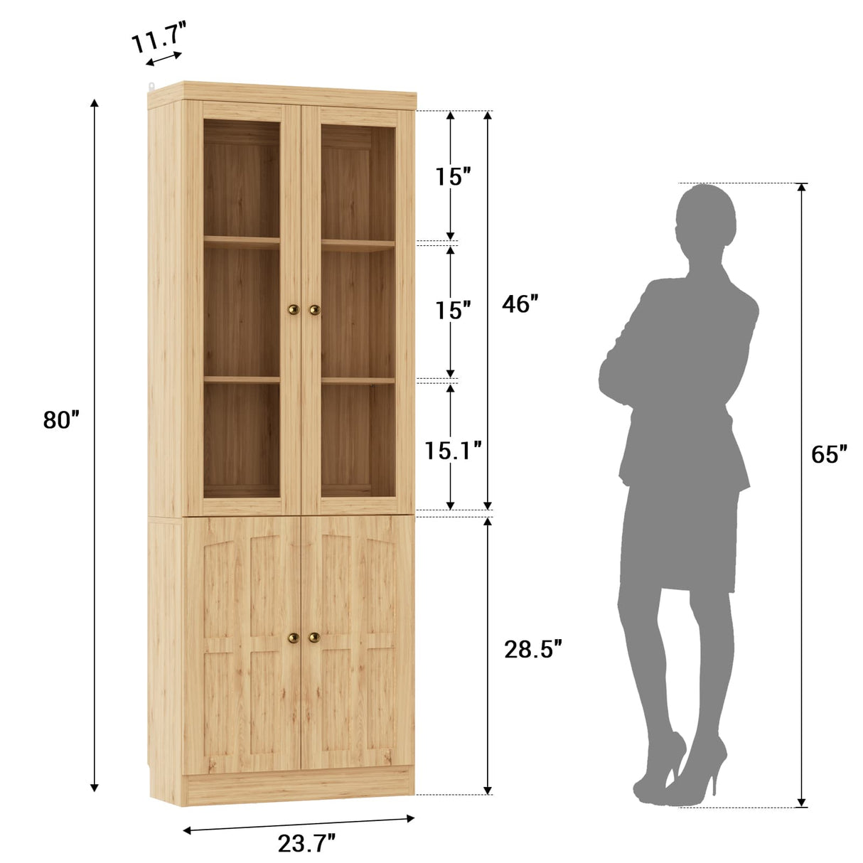 80" Bookshelf with Glass Doors and Thickened Top Panel, Farmhouse Bookcase with Adjustable Shelves