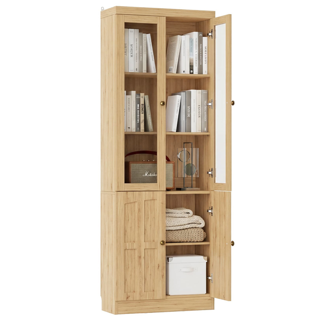 80" Bookshelf with Glass Doors and Thickened Top Panel, Farmhouse Bookcase with Adjustable Shelves
