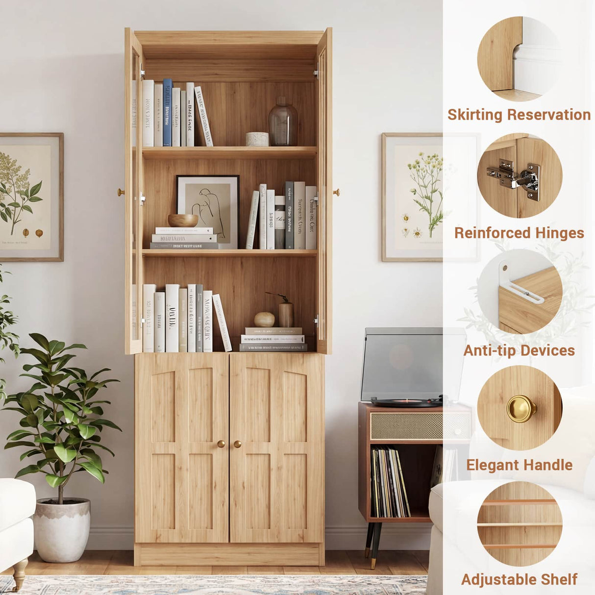 80" Bookshelf with Glass Doors and Thickened Top Panel, Farmhouse Bookcase with Adjustable Shelves