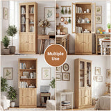 80" Bookshelf with Glass Doors and Thickened Top Panel, Farmhouse Bookcase with Adjustable Shelves