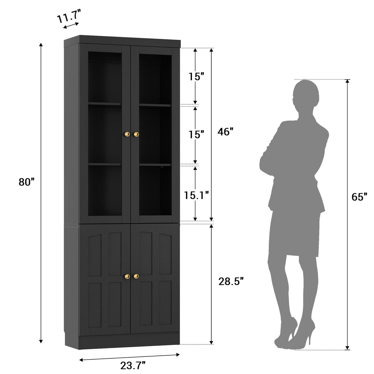 80" Bookshelf with Glass Doors and Thickened Top Panel, Farmhouse Bookcase with Adjustable Shelves
