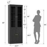 80" Bookshelf with Glass Doors and Thickened Top Panel, Farmhouse Bookcase with Adjustable Shelves