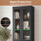 80" Bookshelf with Glass Doors and Thickened Top Panel, Farmhouse Bookcase with Adjustable Shelves