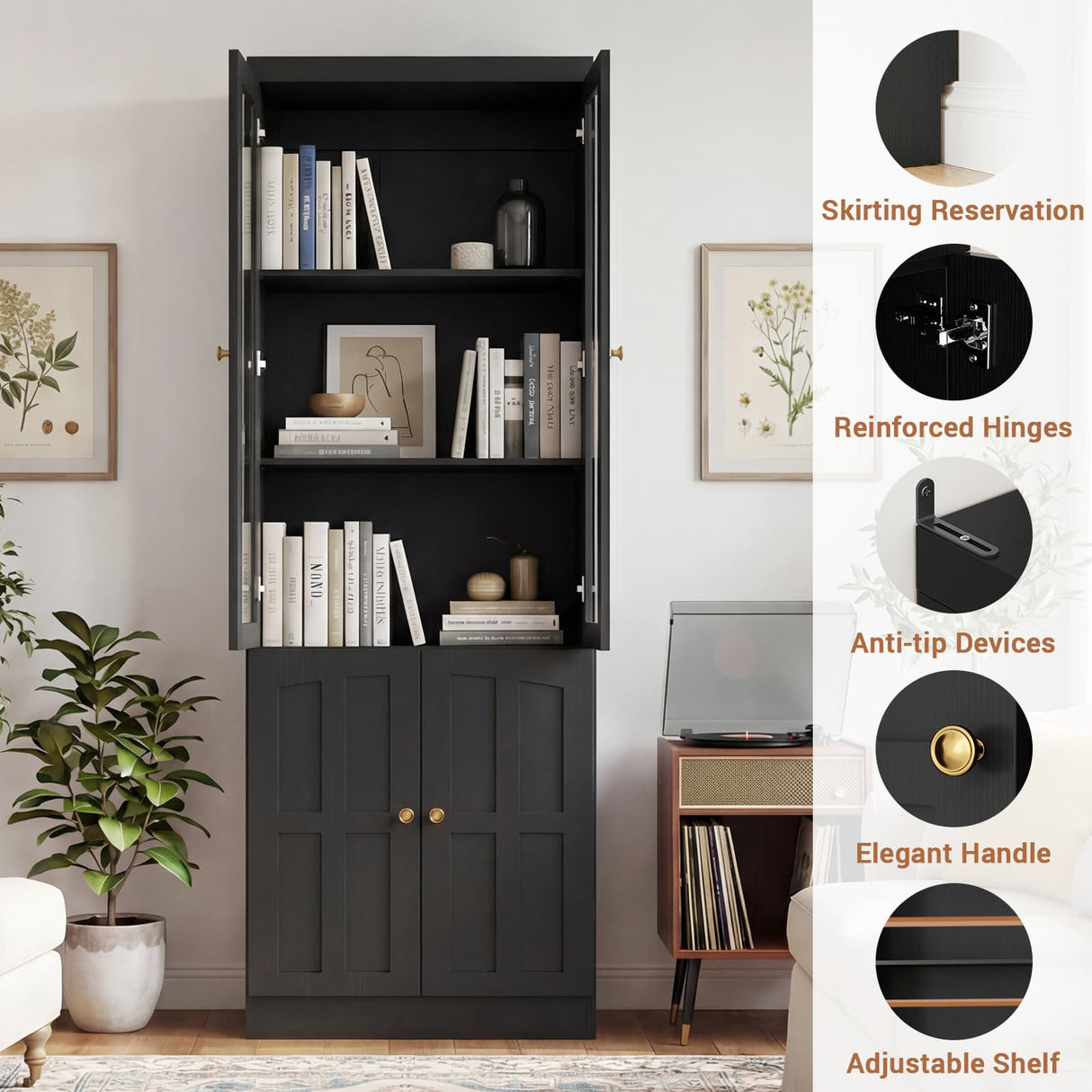 80" Bookshelf with Glass Doors and Thickened Top Panel, Farmhouse Bookcase with Adjustable Shelves