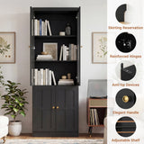 80" Bookshelf with Glass Doors and Thickened Top Panel, Farmhouse Bookcase with Adjustable Shelves