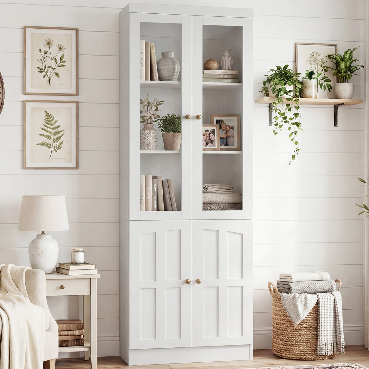 80" Bookshelf with Glass Doors and Thickened Top Panel, Farmhouse Bookcase with Adjustable Shelves
