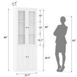 80" Bookshelf with Glass Doors and Thickened Top Panel, Farmhouse Bookcase with Adjustable Shelves