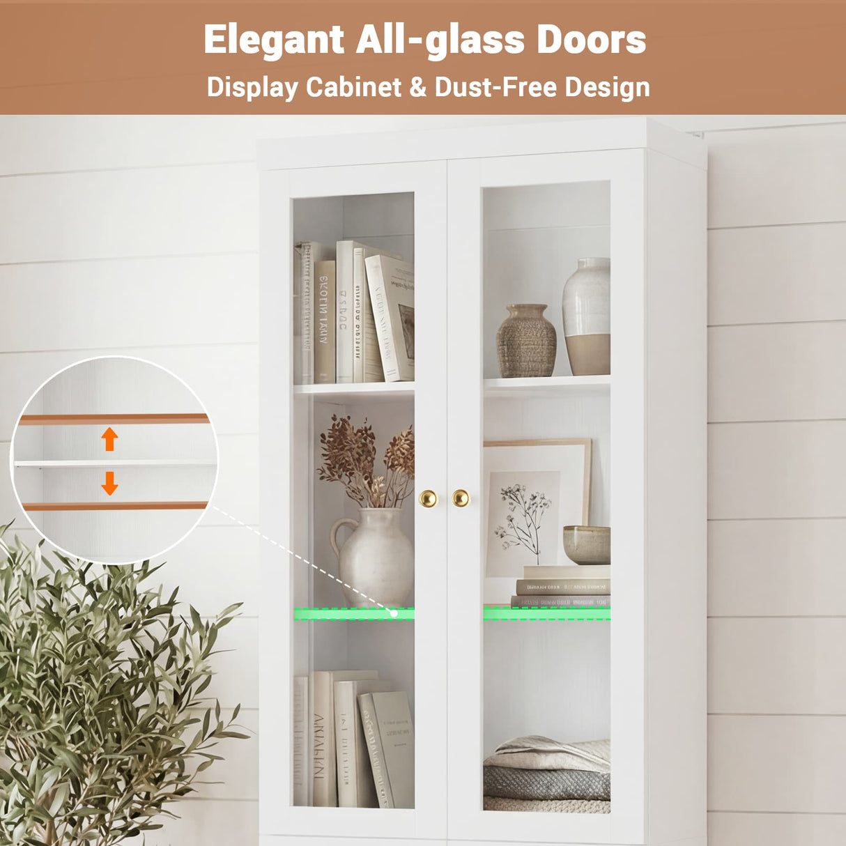 80" Bookshelf with Glass Doors and Thickened Top Panel, Farmhouse Bookcase with Adjustable Shelves