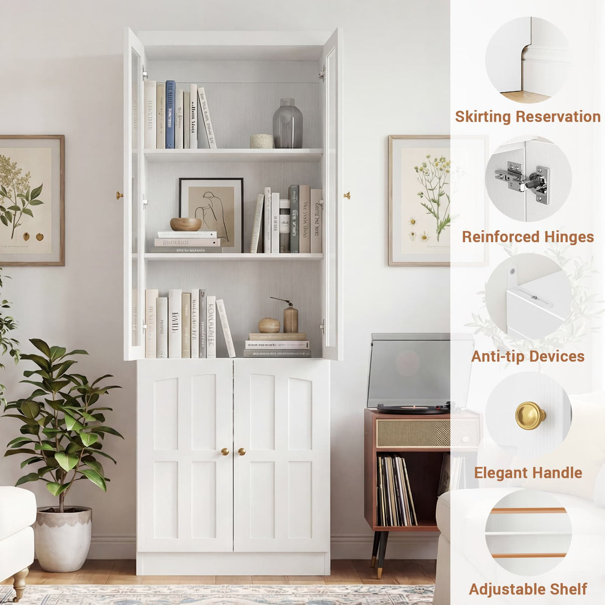 80" Bookshelf with Glass Doors and Thickened Top Panel, Farmhouse Bookcase with Adjustable Shelves