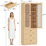 80" Tall Pantry Cabinet for Kitchen Storage, Pantry Cabinet with Glass Doors & 3 Drawers