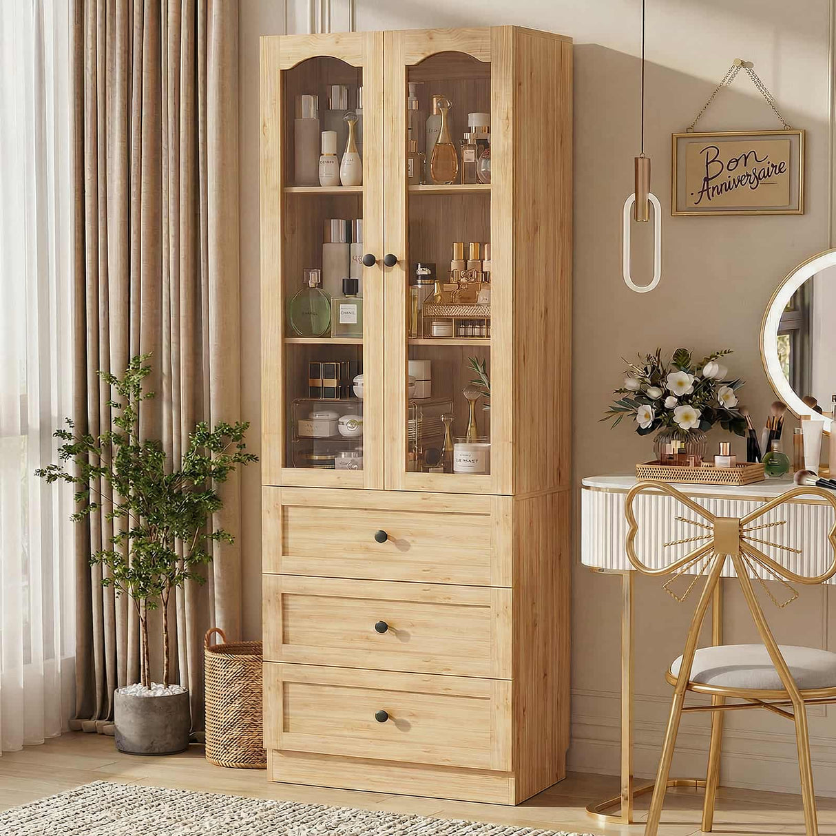 80" Tall Pantry Cabinet for Kitchen Storage, Pantry Cabinet with Glass Doors & 3 Drawers