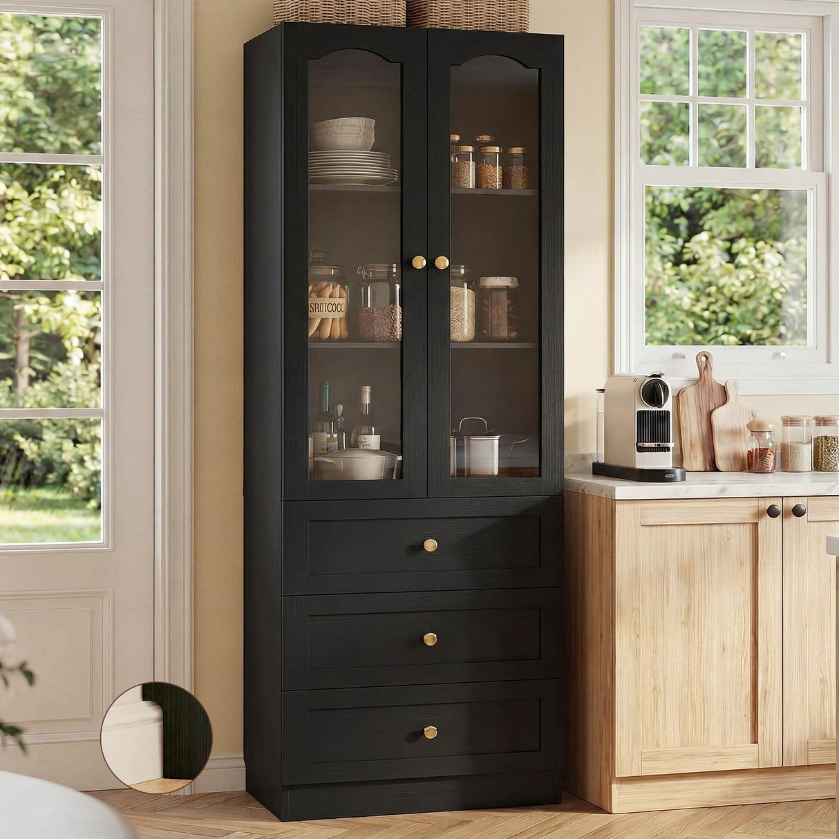 80" Tall Pantry Cabinet for Kitchen Storage, Pantry Cabinet with Glass Doors & 3 Drawers