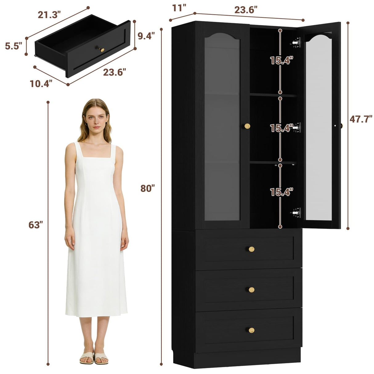 80" Tall Pantry Cabinet for Kitchen Storage, Pantry Cabinet with Glass Doors & 3 Drawers