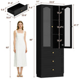 80" Tall Pantry Cabinet for Kitchen Storage, Pantry Cabinet with Glass Doors & 3 Drawers