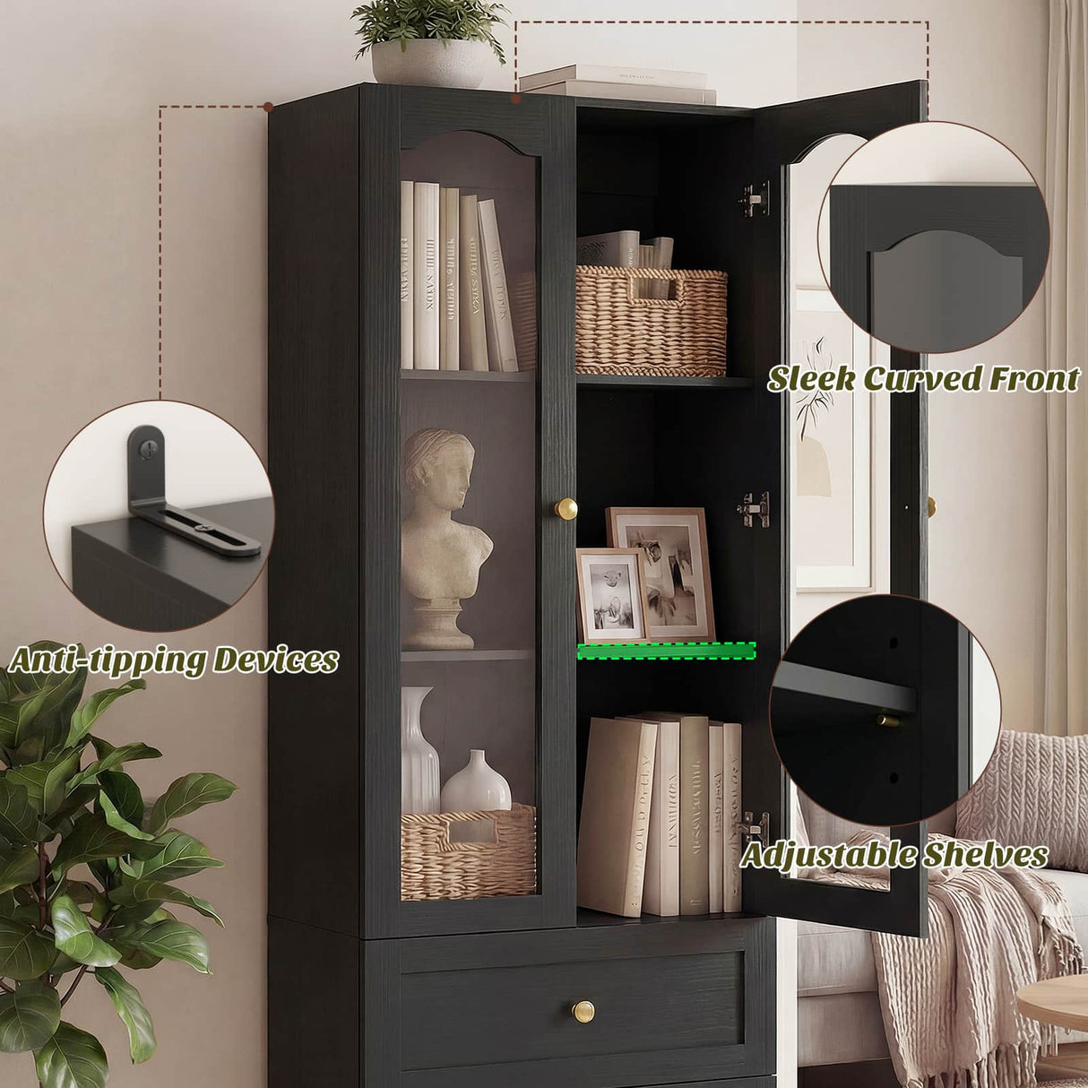 80" Tall Pantry Cabinet for Kitchen Storage, Pantry Cabinet with Glass Doors & 3 Drawers