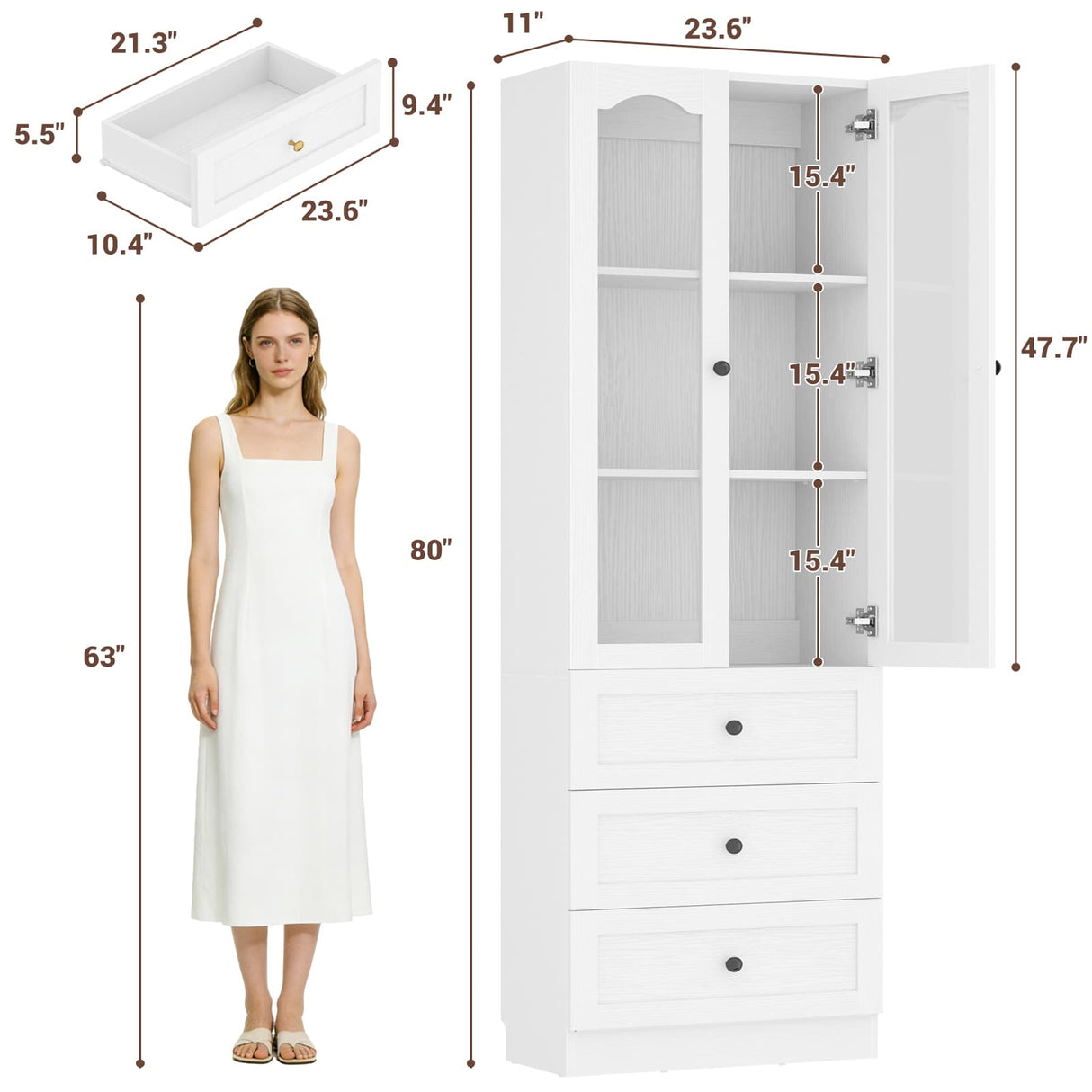 80" Tall Pantry Cabinet for Kitchen Storage, Pantry Cabinet with Glass Doors & 3 Drawers