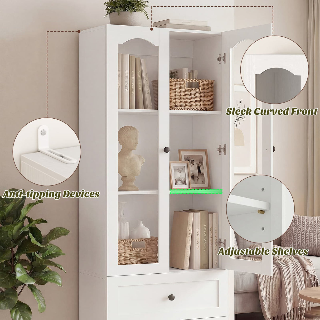 80" Tall Pantry Cabinet for Kitchen Storage, Pantry Cabinet with Glass Doors & 3 Drawers