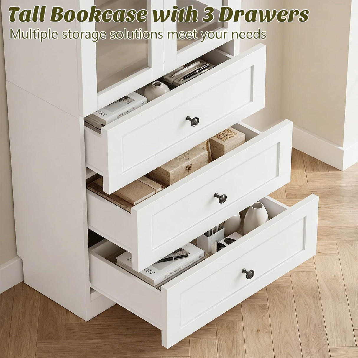 80" Tall Pantry Cabinet for Kitchen Storage, Pantry Cabinet with Glass Doors & 3 Drawers