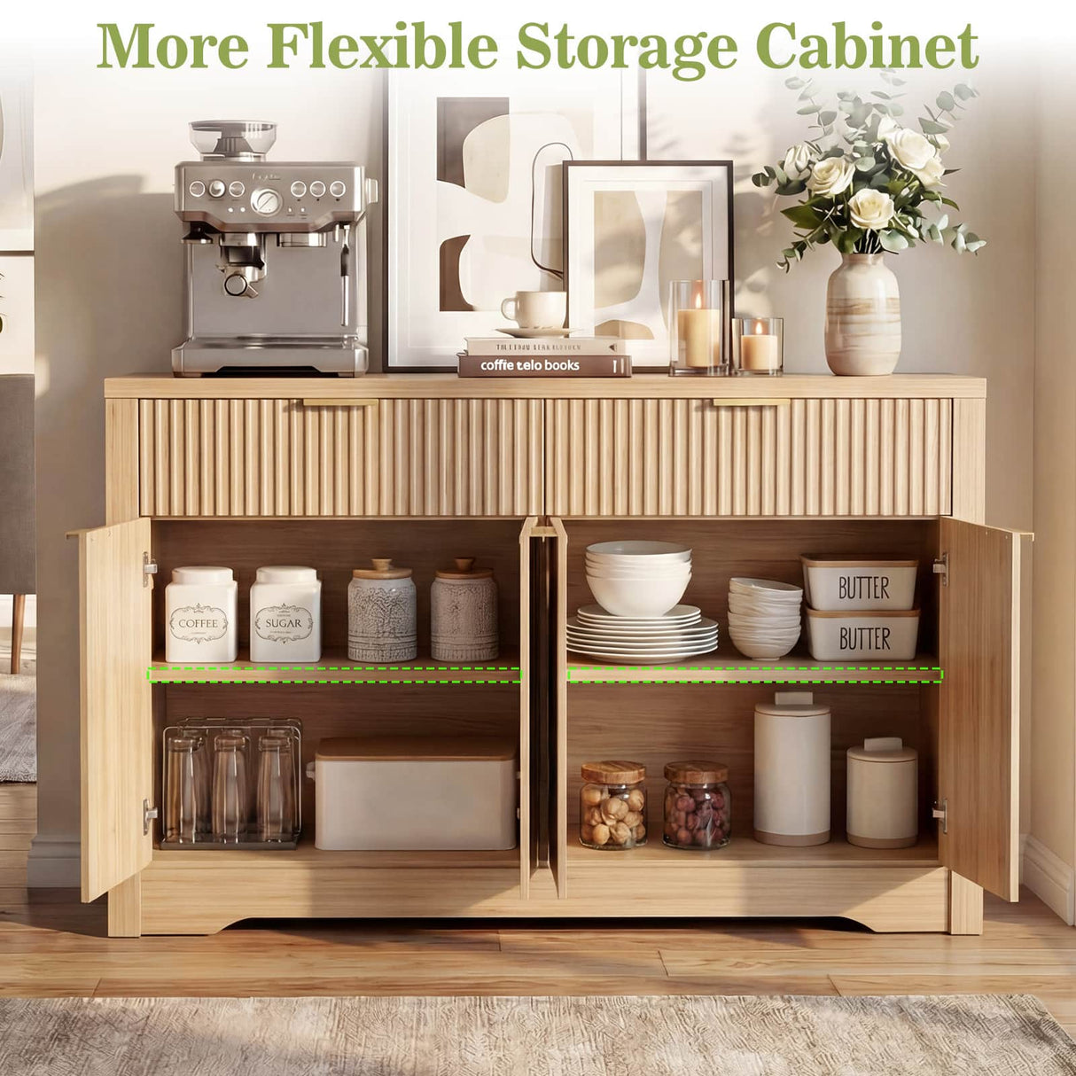 55'' Fluted Sideboard Cabinet with Drawers & Shelves, Modern Buffet Cabinet for Kitchen, Coffee Bar & Entryway Storage