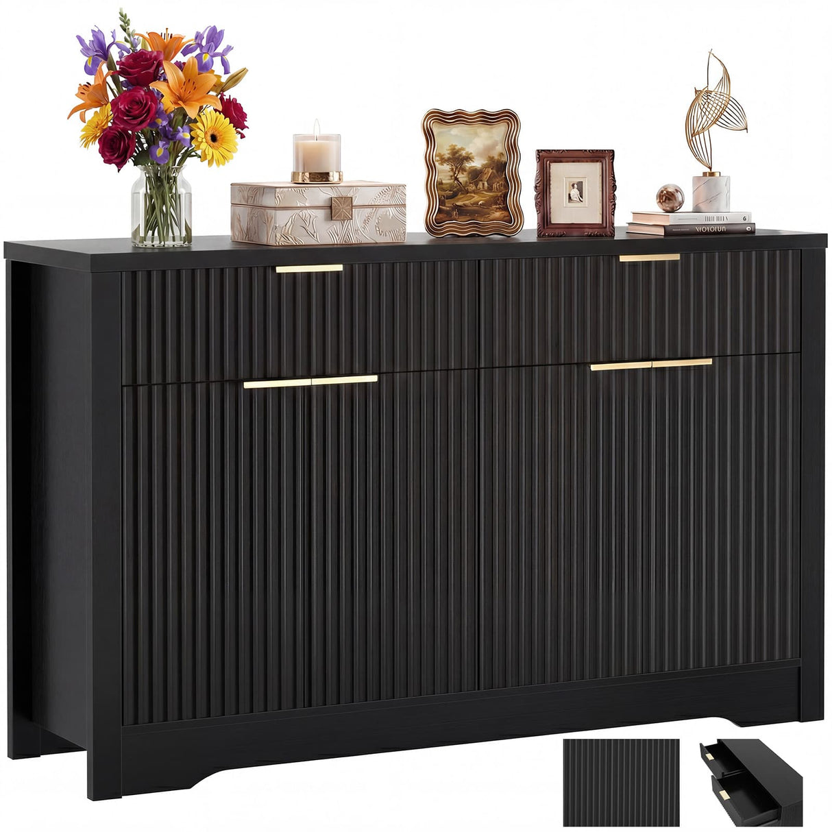 55'' Fluted Sideboard Cabinet with Drawers & Shelves, Modern Buffet Cabinet for Kitchen, Coffee Bar & Entryway Storage