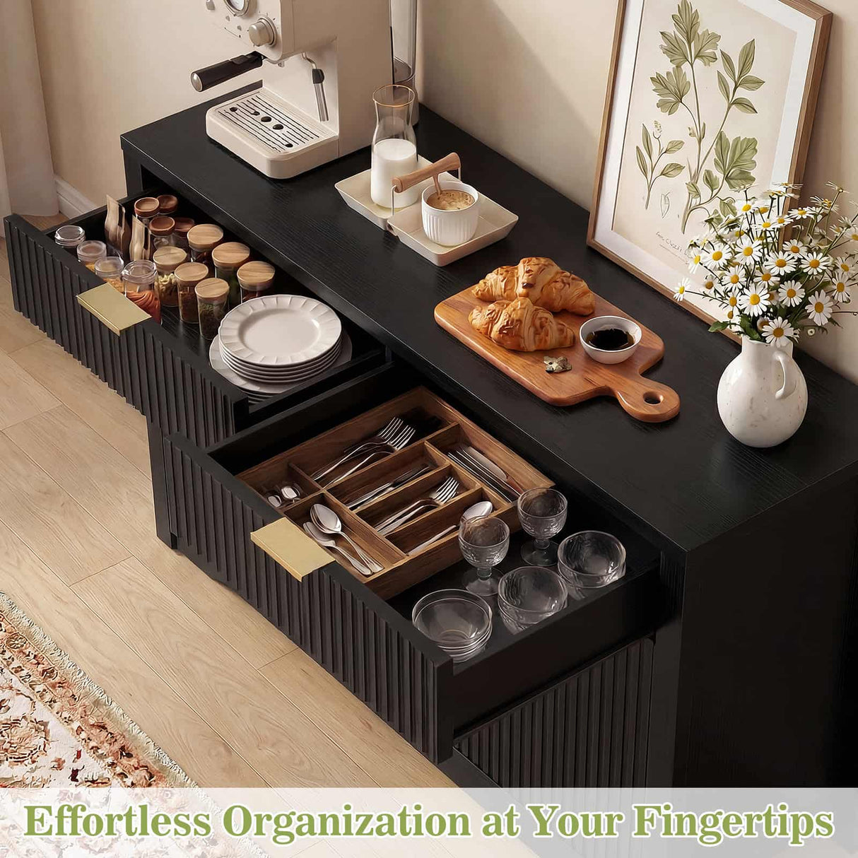 55'' Fluted Sideboard Cabinet with Drawers & Shelves, Modern Buffet Cabinet for Kitchen, Coffee Bar & Entryway Storage