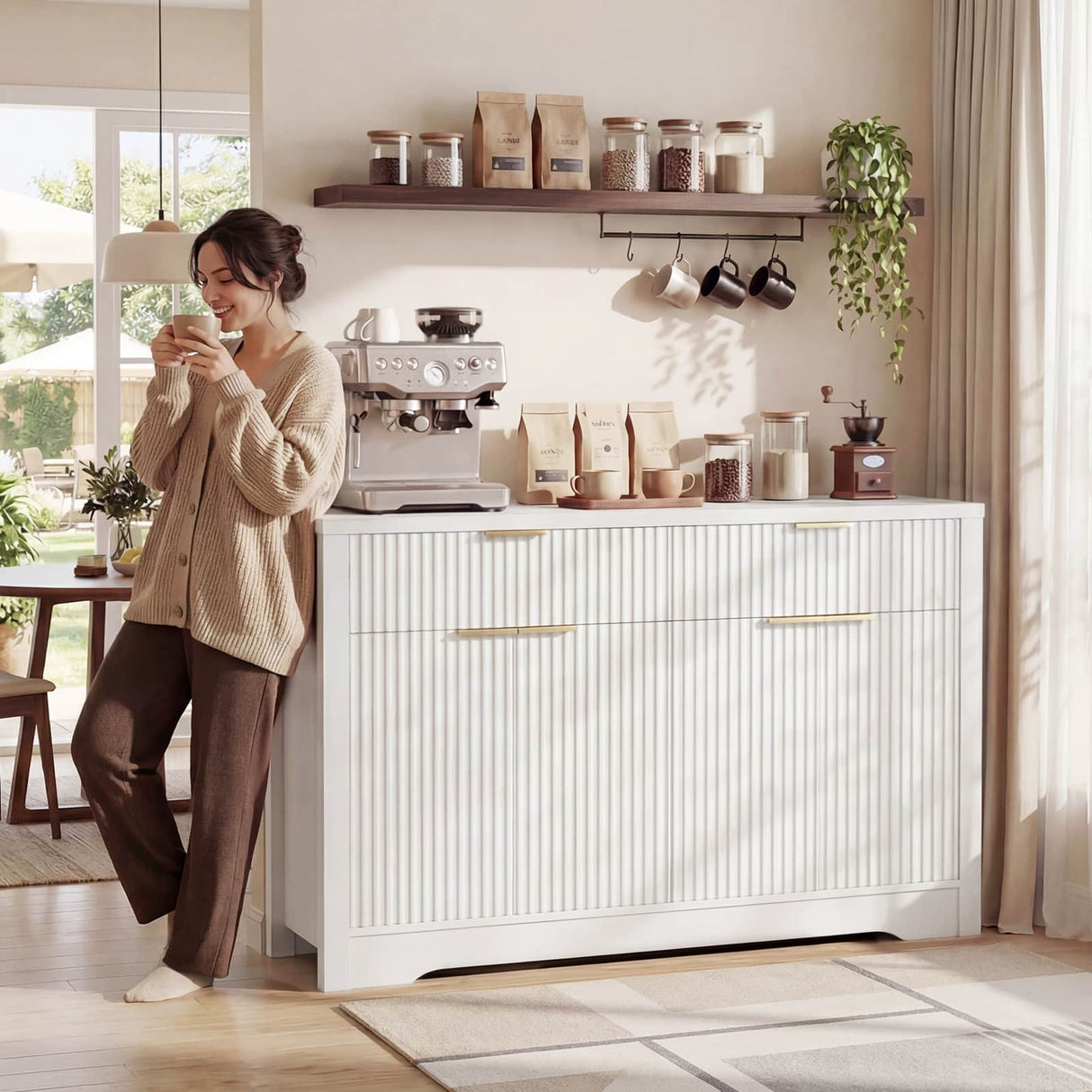 55'' Fluted Sideboard Cabinet with Drawers & Shelves, Modern Buffet Cabinet for Kitchen, Coffee Bar & Entryway Storage