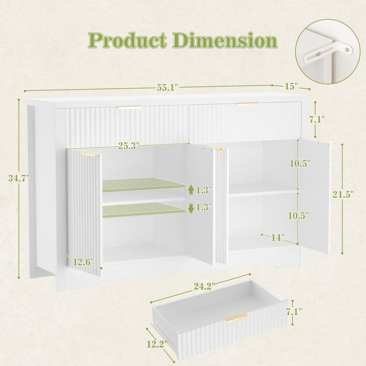 55'' Fluted Sideboard Cabinet with Drawers & Shelves, Modern Buffet Cabinet for Kitchen, Coffee Bar & Entryway Storage